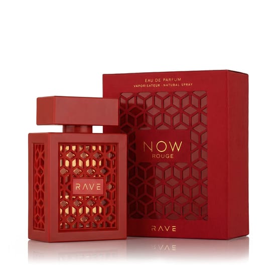 Original packaging of Rave Now Rouge EDP Close-up of Rave Now Rouge EDP perfume bottle