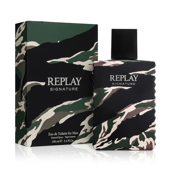 Original packaging of Replay Signature for Men EDT Elegant bottle of Replay Signature for Men EDT