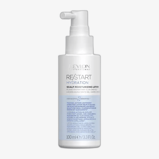 Close-up of Revlon Professional Restart Hydration Scalp Moisturizing Lotion bottle