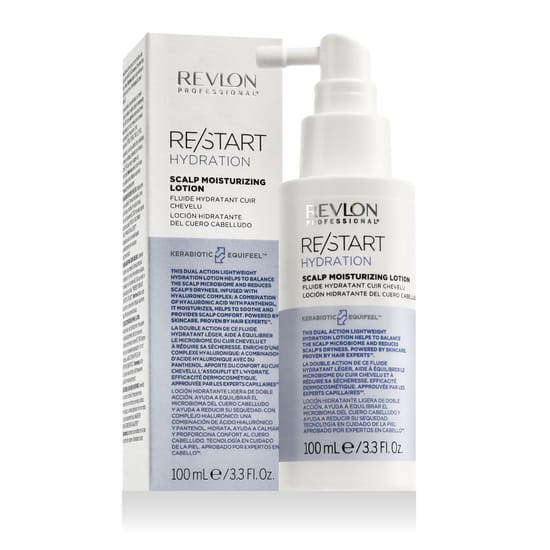 Close-up of Revlon Professional Restart Hydration Scalp Moisturizing Lotion bottle