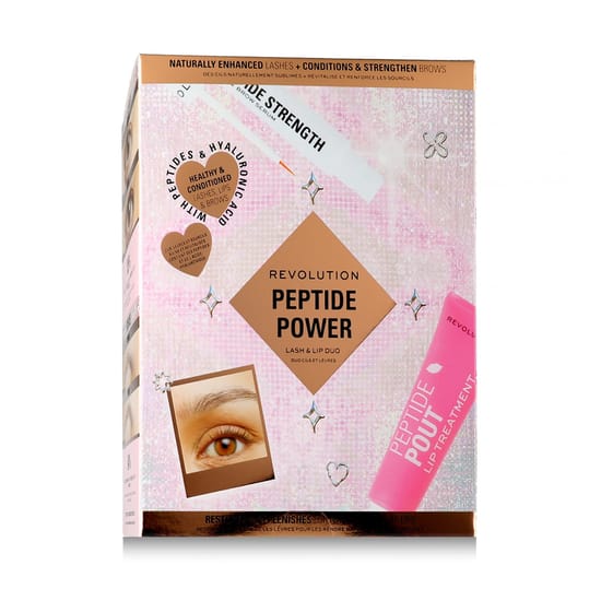 Close-up of revolution peptide pout lip treatment and power lash duo Revolution peptide pout lip treatment and power lash duo packaging