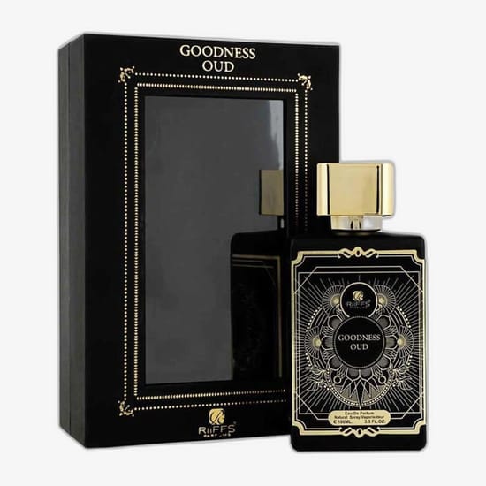 Original packaging of riiffs goodness oud black edp Elegant bottle of riiffs goodness oud black edp