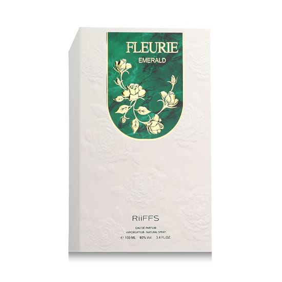 Упаковка оригинального Riiffs Fleurie Emerald Green EDP Бутылка Riiffs Fleurie Emerald Green EDP крупным планом