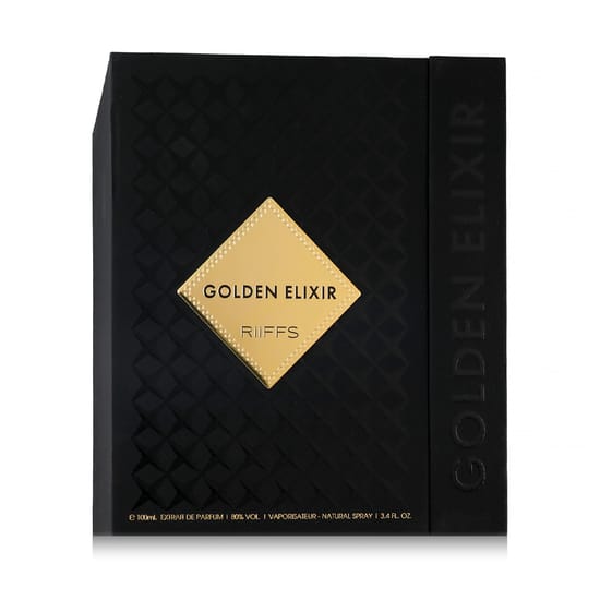 Original riiffs golden elixir ep perfume packaging Elegant bottle of riiffs golden elixir ep close-up