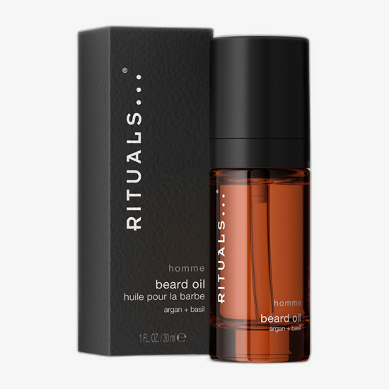 Packaging of Rituals Homme Perfumed Oil Beard Nourishing beard oil Rituals Homme with fragrance