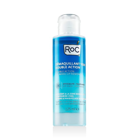 RoC Double Action Eye Make-Up Remover bottle on a neutral background