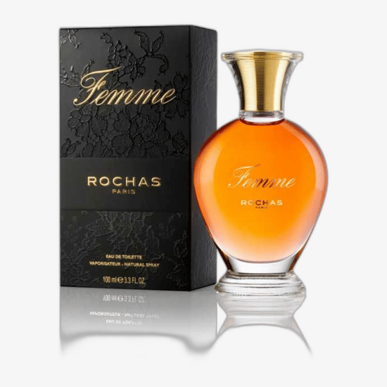 Rochas Femme EDT parfüüm, esitletud ilma originaalpakendita Rochas Femme EDT pudel, väljendades minimalistlikku ja elegantset esteetikat