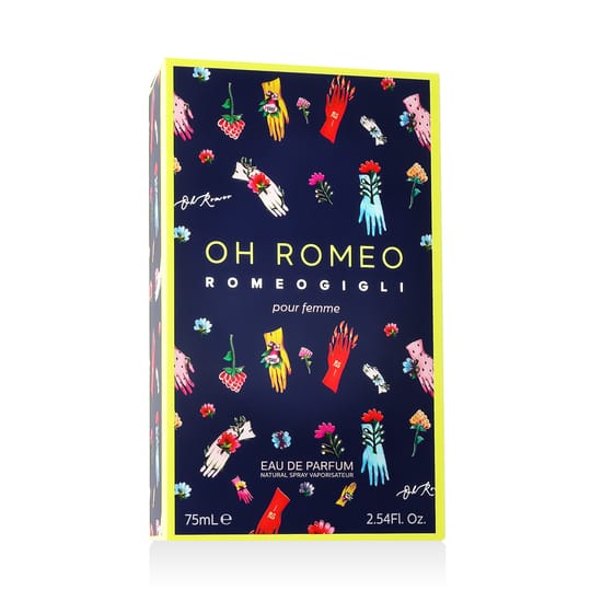 Romeo Gigli Oh Romeo EDP parfüümipudel detailid, lähedalt parfüümi visuaal