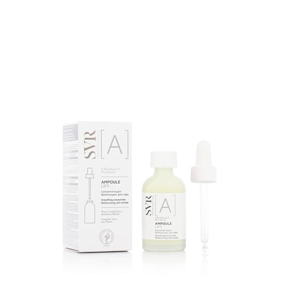 Close-up of SVR [A] Ampoule Lift Smoothing Concentrate bottle