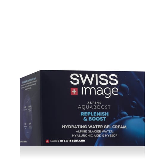 Упаковка гидратирующего гель-крема SWISS Image Alpine Aquaboost Крупный план: гидратирующий гель-крем SWISS Image Alpine Aquaboost