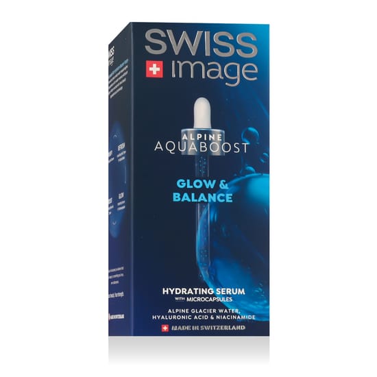 SWISS Image Alpine Aquaboost Glow & Balance niisutava seerumi pakend Lähedalt SWISS Image Alpine Aquaboost Glow & Balance niisutav seerum, serum igale nahatüübile