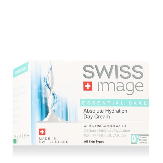 Original packaging of SWISS Image Essential Care Absolute Hydration Day Cream Close-up of SWISS Image Essential Care Absolute Hydration Day Cream container