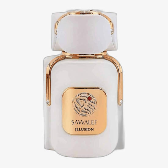 Original packaging of Sawalef Illusion EDP perfume Close-up of Sawalef Illusion EDP perfume bottle