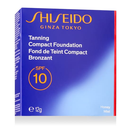 Shiseido Tanning Compact Foundation SPF 10 (Honey) kompaktse pulbri pakend loodusliku päevituse loomiseks