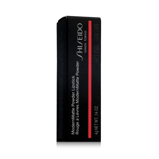 Shiseido ModernMatte pulberhuulepulk (505 Peep Show) detailid elegantse pakendi taustal
