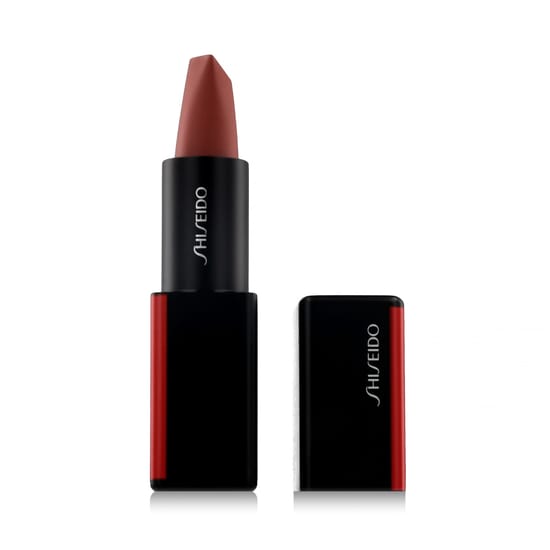 Modern, minimalist display of Shiseido ModernMatte Powder Lipstick (508 Semi Nude) Detail of Shiseido ModernMatte Powder Lipstick in 508 Semi Nude, highlighting its soft matte texture