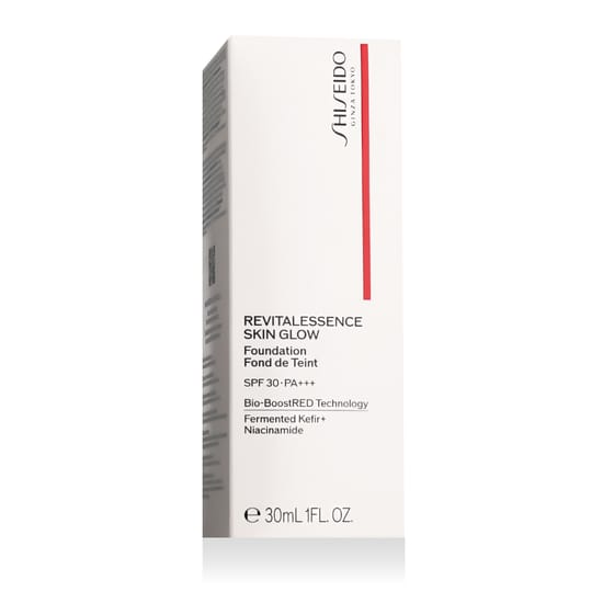 Shiseido Revitalessence Skin Glow Foundation SPF 30 PA+++ toote pudeli detailne vaade valgel taustal