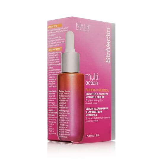 Close-up of strivectin multi-action super-c retinol serum bottle
