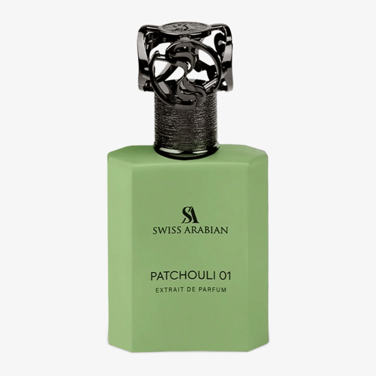 Close-up of the Swiss Arabian Patchouli 01 EP perfume bottle