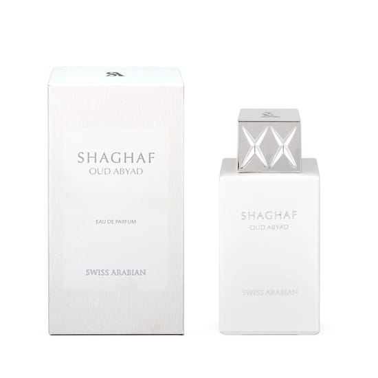 Close-up of Swiss Arabian Shaghaf Oud Abyad EDP bottle