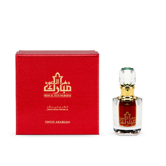 Elegant bottle of Swiss Arabian Dehn El Oud Mubarak Perfumed Oil