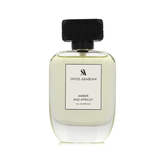 Bottle of Swiss Arabian Amber and Apricot EDP on a white background