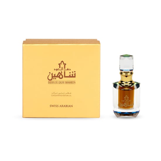 Elegant flacon of Swiss Arabian Dehn El Oud Shaheen Perfumed Oil, minimalist design