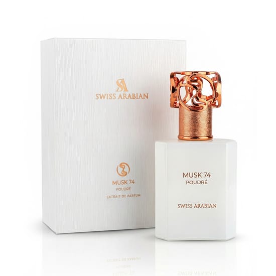 Bottle of Swiss Arabian Musk 74 Poudre EP up close