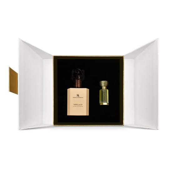 Minimalistlik Swiss Arabian Vanilla 01 EP parfüüm ja õli duo pudelid, elegantne esitlus