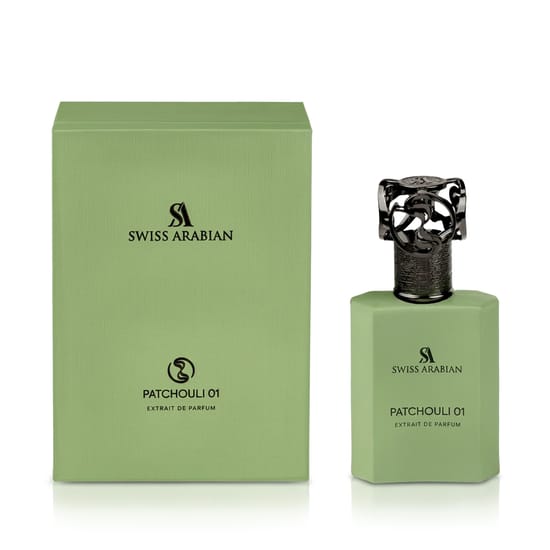 Close-up of the Swiss Arabian Patchouli 01 EP perfume bottle