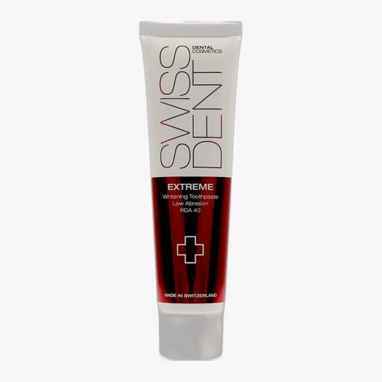 Close-up of Swissdent Extreme Whitening Toothpaste Tube