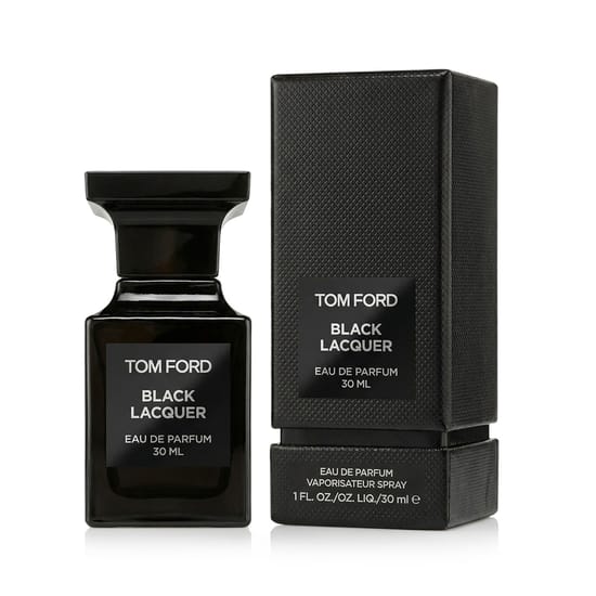 Elegant original packaging of Tom Ford Black Lacquer EDP Minimalist black bottle of Tom Ford Black Lacquer EDP exuding elegance