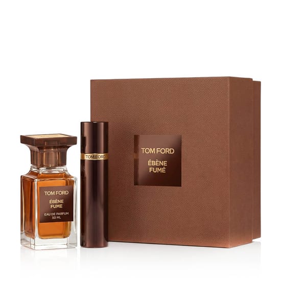 Packaging and bottles of Tom Ford Ébène Fumé EDP set Tom Ford Ébène Fumé EDP bottle and mini aromatic set