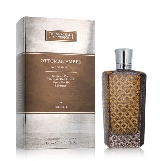 Elegant bottle of The Merchant of Venice Ottoman Amber EDP showcasing refined amber tones