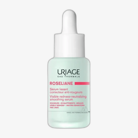 Close-up of uriage roséliane serum packaging Uriage roséliane visible redness neutralizing smoothing serum bottle