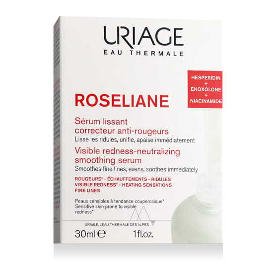 Close-up of uriage roséliane serum packaging Uriage roséliane visible redness neutralizing smoothing serum bottle