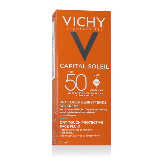 Vichy Capital Soleil Dry Touch Protective Face Fluid SPF 50 bottle – lightweight, mattifying sunscreen