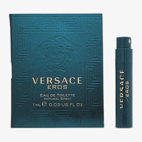 Упаковка пробника Versace Eros EDP Крупный план спрея-пробника Versace Eros EDP