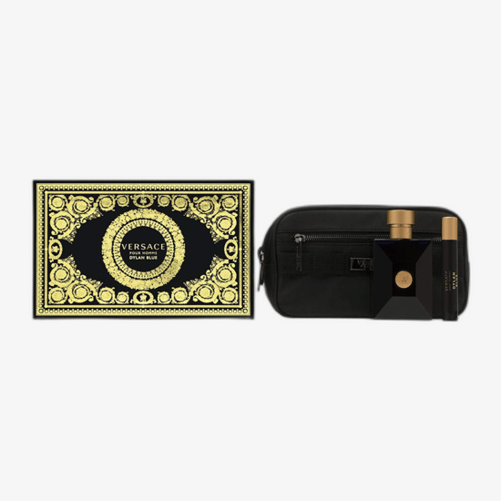 Versace Pour Homme Dylan Blue EDT bottle and mini with cosmetic bag