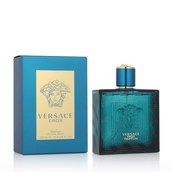 Bottle of Versace Eros Parfum on a white background