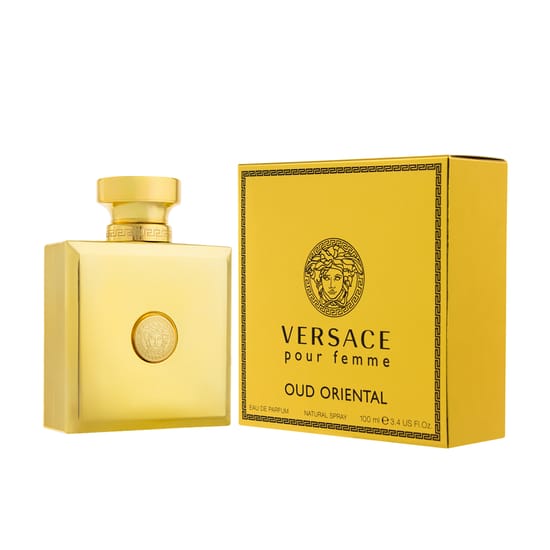 Close-up of Versace Pour Femme Oud Oriental EDP bottle