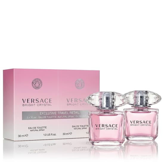 Versace Bright Crystal EDT komplekti visuaal – minimalistlik ja modernne Versace Bright Crystal EDT 2 x 30 ml komplekt – kaks stiilset pudelit kõrvuti