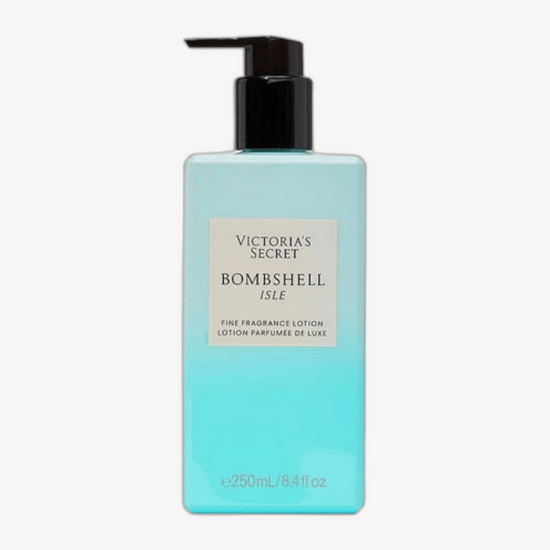 Close-up of Victoria's Secret Bombshell Isle Body Lotion bottle