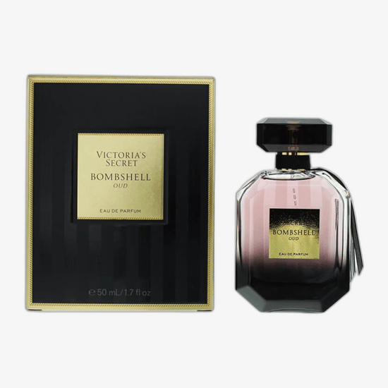 Refined bottle of Victoria's Secret Bombshell Oud Eau de Parfum representing its elegant and unique scent profile