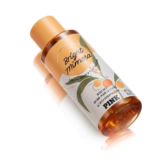 Bottle of Victoria's Secret Pink Bright Mimosa Bodyspray with vibrant citrus scent
