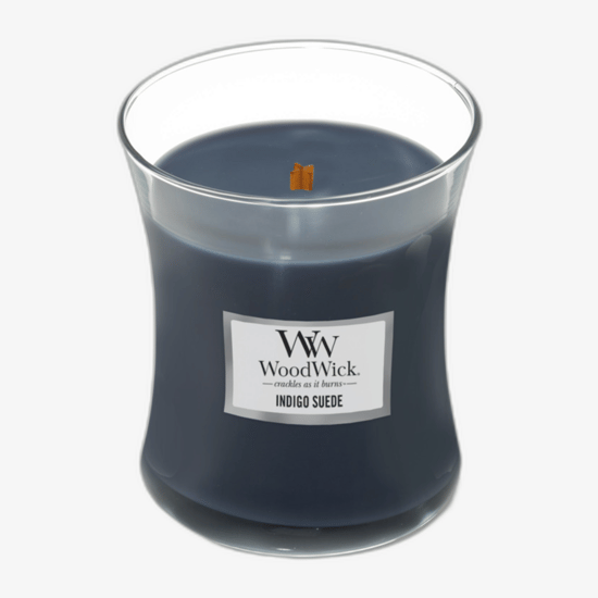 Elegant Woodwick Indigo Suede Scented Candle in Hourglass Shape