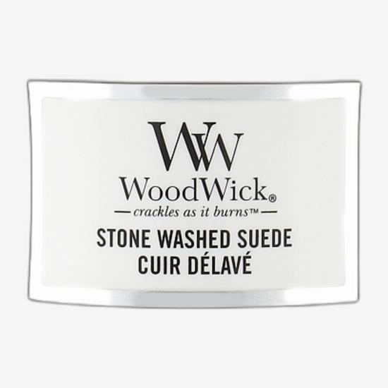 Woodwick keskmise suurusega liivakella kujuline lõhnaküünal kivipesu nahaga
