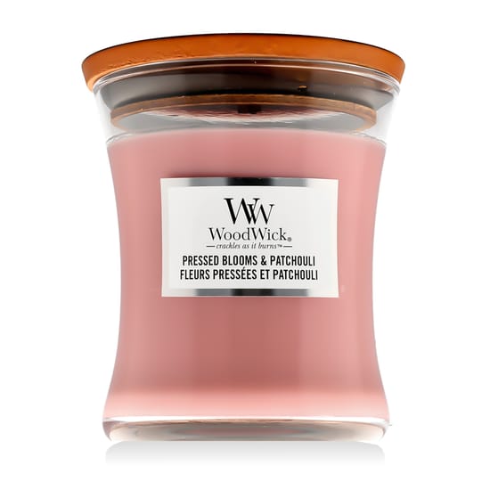 Woodwick medium hourglass candle in pressed blooms & patchouli scent