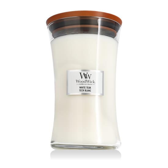 WoodWick large hourglass candle white teak – elegant scented candle for home WoodWick large hourglass candle in white teak – sophisticated woody fragrance and crackling wick
