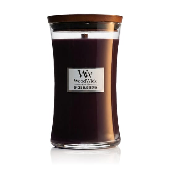 Woodwick large hourglass candle spiced blackberry in elegant setting